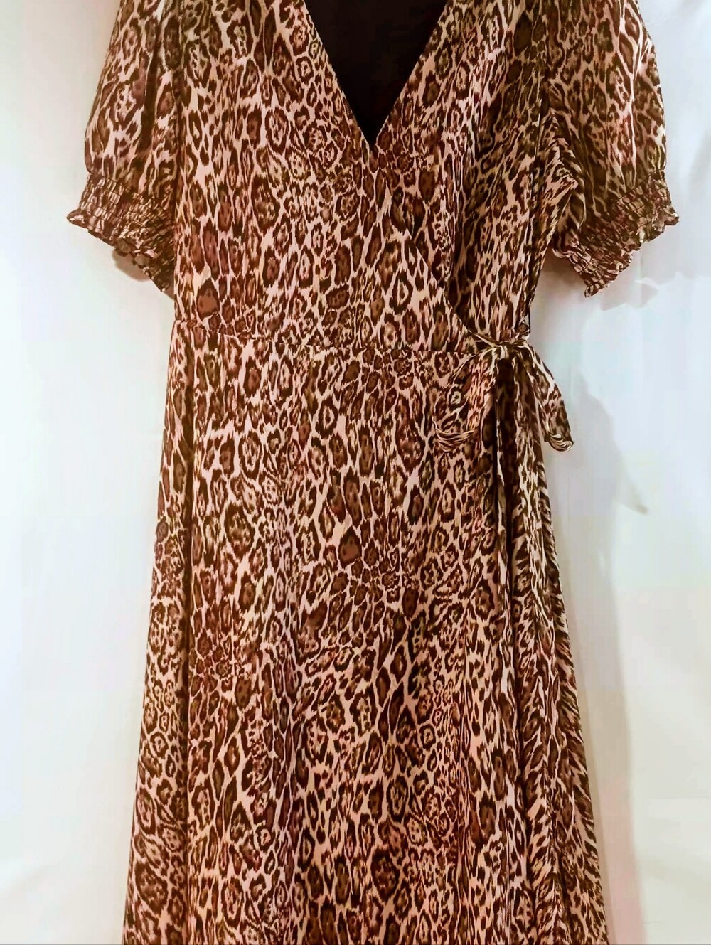 Alex Marie Leopard Print Wrap Midi Dress with Smocked Sleeves